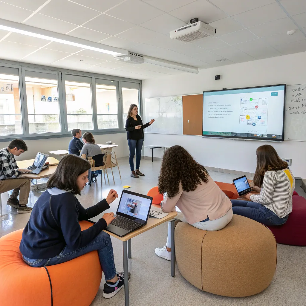 Modern language classroom at AVERNIQO with students engaging interactively